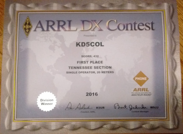  /Picture of ARRL DX SSB Contest award certificate/ 